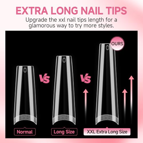 Image of UNA GELLA Extra Long Coffin Nail Tips No C Curve 504PCS XXL Coffin Nails Half Cover Long Coffins Gel Nails Tips Clear Fake False Nails Long Gel Extensions for Nail Art Salon Home DIY No Need File
