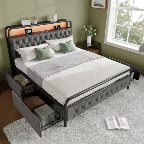 Gyqssd Polsterbett mit LED & Schubladen Grau 160x200