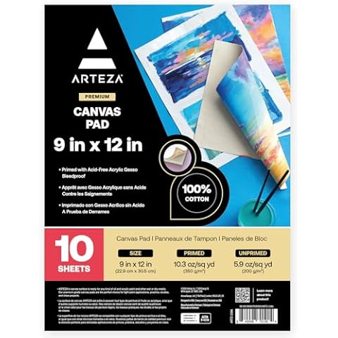 Arteza Canvas Pad for Acrylics and Oil Paints, 9 x 12 Inches, 10 Sheets Cover