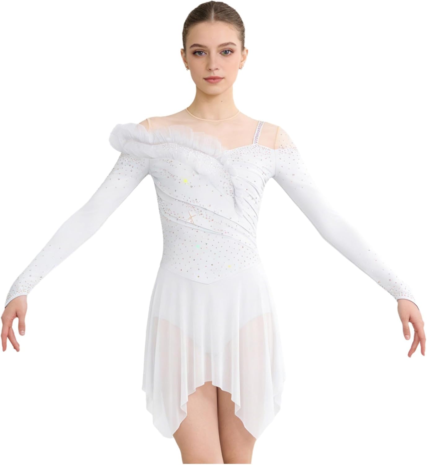 Women's Ruffled Lyrical Dance Dress Asymmetrical Tulle Leotards Ballet Figure Skating Dress