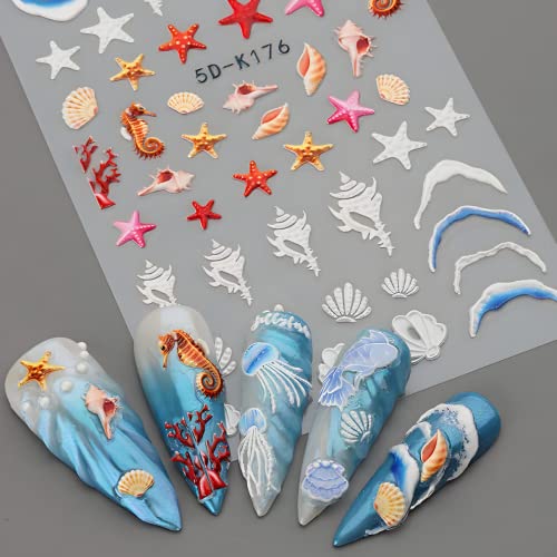 5D Marble Embossed Nail Art Stickers Blooming Smoke Nail Decals Self-Adhesive Summer Beach Nail Stickers Starfish Jellyfish Ocean Nail Art Supplies For Acrylic Diy Nail Decorations For Women Girls 4 Sheets #TOP5