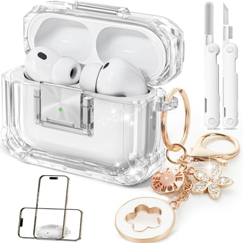 Image of for AirPods Pro 3 Case with Safety Lock,Clear Case Soft TPU Shock-Proof Protective Cover with Cute Bling Keychain and Cleaner kit for Women Girls-Clear White