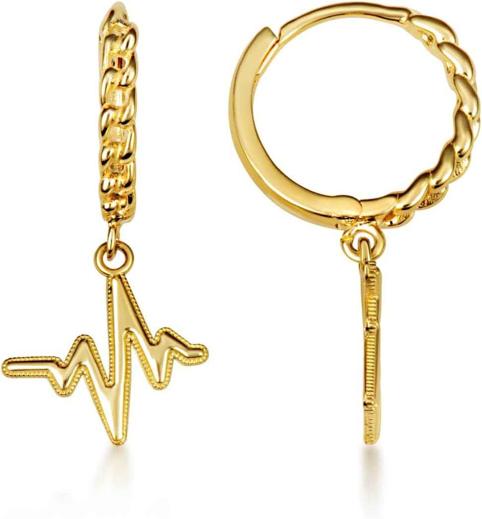Claddagh Gold 10K or 14K Yellow Gold Heartbeat Pulse Milgrain Cuban Link Huggie Hoop Earrings