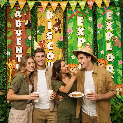 Image of Chiisong 6 Pieces Camper Party Decorations Adventure Discover Explore Porch Signs Camping Hanging Backdrops for Indoor Outdoor Home Bar Birthday Photo Props Door Wall Party Decor Supplies