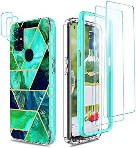 OnePlus Nord N10 5G Case, 1+ Nord N10 Case with [2 x Tempered Glass Screen Protector] [2 x Camera Lens Protector], Jeylly Marble Stylish Slim Hybrid 2 in 1 Hard PC Soft TPU Protective Case, Jade Green
