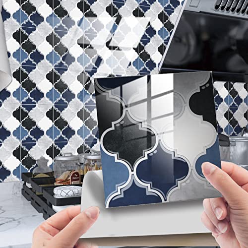 Azulejos Adhesivos Cocina 10x10 cm Geometría Azul Negro Vinilos Baño Azulejos Impermeable Azulejos Adhesivos Baño Vinilo Pared Decoración de Muebles Azulejos Adhesivos (10 Piezas)