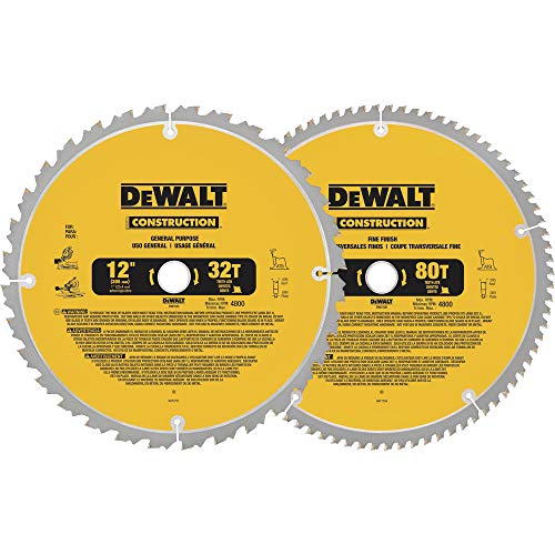 Image of DEWALT 12-Inch Miter Saw Blade, Crosscutting, Tungsten Carbide, 80-Tooth and 32-Tooth, 2-Pack (DW3128P5, DW3123), yellow