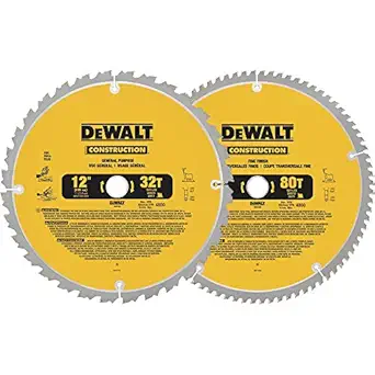 DEWALT 12-Inch Miter Saw Blade, Crosscutting, Tungsten Carbide, 80-Tooth and 32-Tooth, 2-Pack (DW3128P5, DW3123), yellow