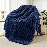 Exclusivo Mezcla Fleece Throw Blanket for Sofa, Super Soft Striped Jacquard Bed Blanket, Lightweight Fuzzy Cozy for All Seasons, 127x152 CM, Navy Blue