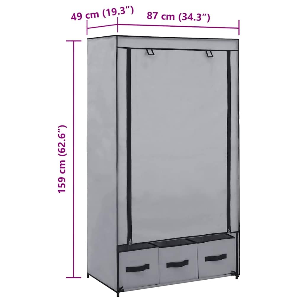 Kleiderschrank Grau 87x49x159 cm Stoffschrank mit 3 Schubladen, Mehrzweckschrank für Schlafzimmer und Kinderzimmer, Wäscheschrank mit Drehtüren, platzsparendes Hängesystem, Robustes Design