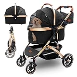 Pettingzoo Dog stroller with 4 Wheels, Folding Cat Stroller for Small/Medium/Large dogs & cats to 60 lbs, pet stroller with removable carrier, Storage Basket,Cup Holder,3 in1 Multifunctiona Detachable