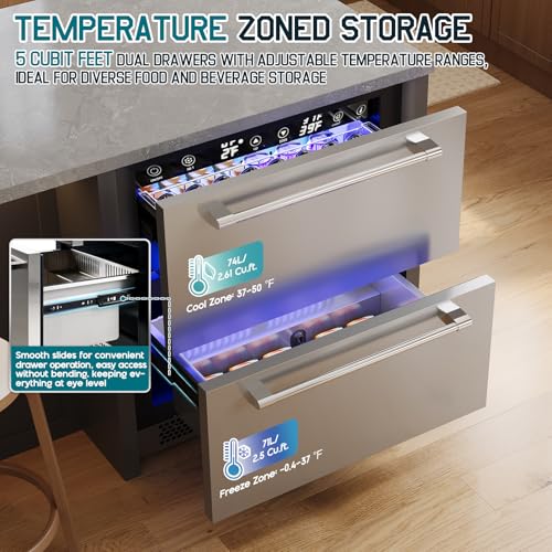 Image of Albott 24 Inch Under Counter Drawer Fridge - Stainless Steel Dual-Zone Beverage Refrigerator with LED Touch Control, Adjustable Storage, Frost-Free, Low Noise, 37℉-50℉, -0.4℉ to 37℉
