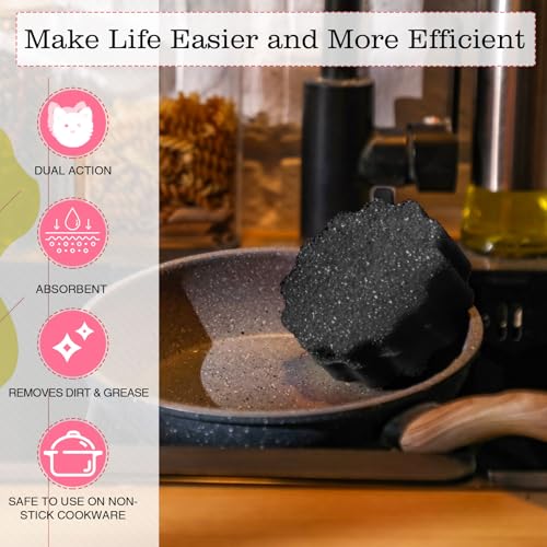 Image of FillTouch 3 Pcs Dual Sided Scrub Sponge Multi Functional Cute Temperature Sensitive Non Scratch Dish Sponge for Washing Dishes Kitchen Bathroom(Flower,Black)