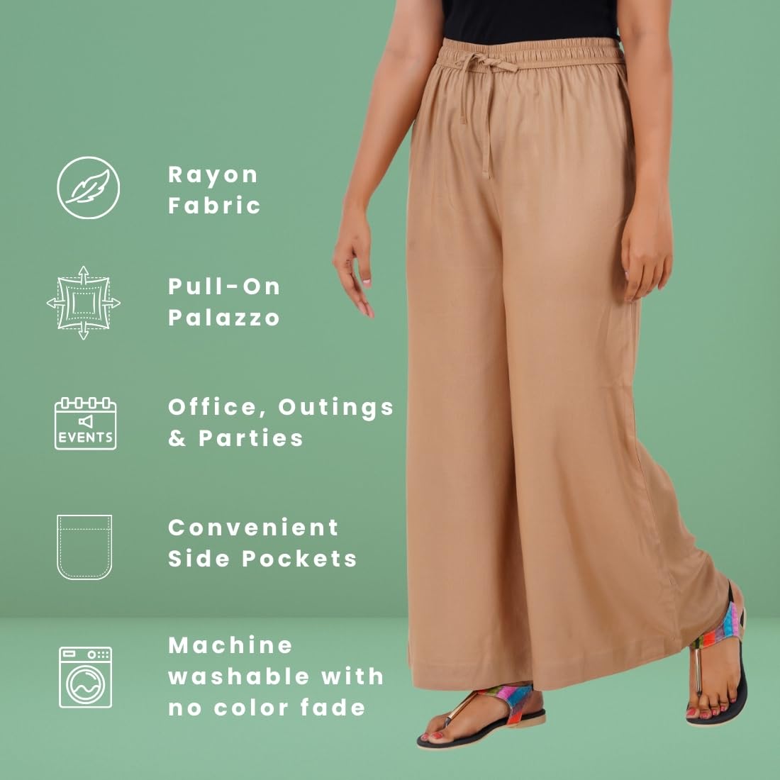 Happy Bunny Elegante pantalón Palazzo de rayón fluido para mujer, cintura elástica cómoda, ajuste regular, longitud completa con bolsillo lateral, ideal para oficina, fiesta y actividades al aire