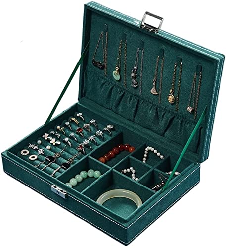 Image of BucketList Women's Velvet Glass Ring Earrings Jewelry Box - Display Storage Case with Lock for Earrings, Bracelets, Rings, Necklace, Watches (1 layer with Lock Green Box)