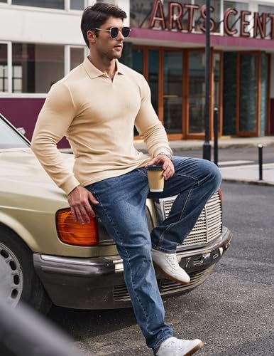 JMIERR Men's Casual Buttonless Polo Shirt Long Sleeve V Neck Ribbed Knit Golf Shirts3