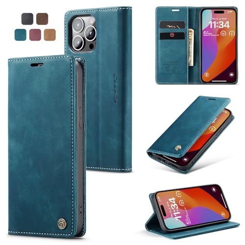 Cracedily for iPhone 15 Pro Max Case, Flip Wallet Leather Case with Card Holder Magnetic Closure Shockproof Kickstand Protective Phone Cases Cover for iPhone 15 Pro Max, Blue-Green