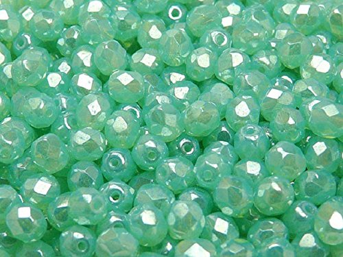 Fire-Polished Beads, 6 mm, 50 piezas, cuentas redondas checas de vidrio facetado, pulido al fuego, Green Aqua Opal/White Luster