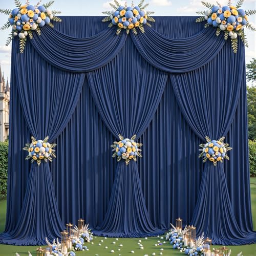 4 Panles Navy Blue Backdrop Curtains - Wrinkle Free Fabric Backdrop Curtain for Photoshoot, 10FT Wedding Party Photo Backdrop Drapes for Birthday Baby Shower Photography Stage Background Decorations