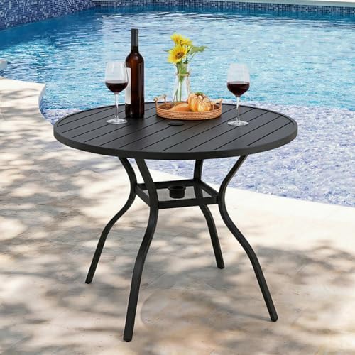 KWKSV 41.3 Inch Outdoor Dining Table for 4 E-Coating Metal Round Patio Table with Adjustable 1.57 Umbrella Hole All-Weather Table for Porch Garden Backyard Poolside Lawn