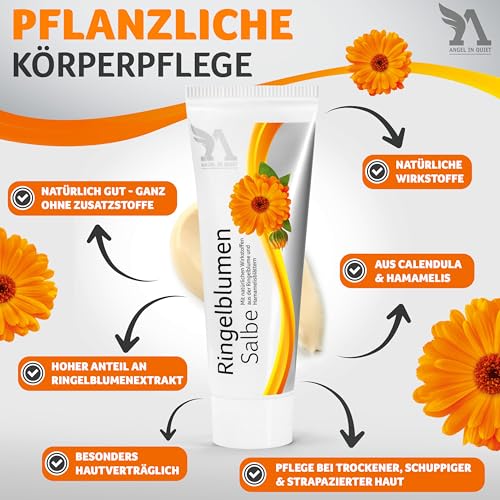 Angel in Quiet Ringelblumensalbe mit hohem Gehalt an Calendula Extrakt – Pflege bei trockener & gereizter Haut – mit Hamamelis – Salbe für empfindliche Haut & Babyhaut – Naturkosmetik ohne Parabene