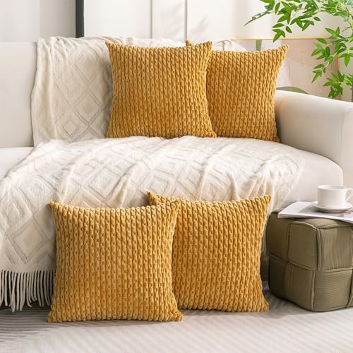 Set of 4 Mustard Yellow Decorative Throw Pillow Covers 22x22 Inch Corduroy Pillow Covers for Bed Couch Sofa Living Room Soft Square Cushion Cases