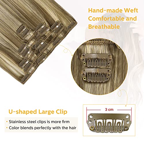 VARIO Hair Clip hair 7pcs 70g Hair Extensions Clip in Remy Balayage Hair Ash Blonde with Bleach Blonde Clip in Human Hair Extensions Natural Hair Extensions Straight Real Hair Extensions 18 inch