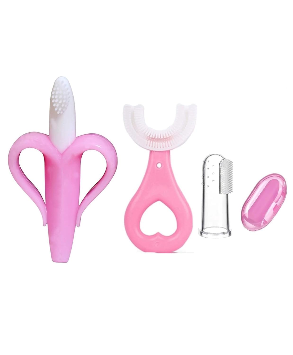 BADAL KIDZ BPA-Free Baby Silicone Finger Brush With U Shaped ToothBrush & Banana Toothbrush Or Teether | Oral Teeth Cleaning Tools For Infants, Kids, New Born Baby & Toddlers (Pack of 3,Pink)-image-26
