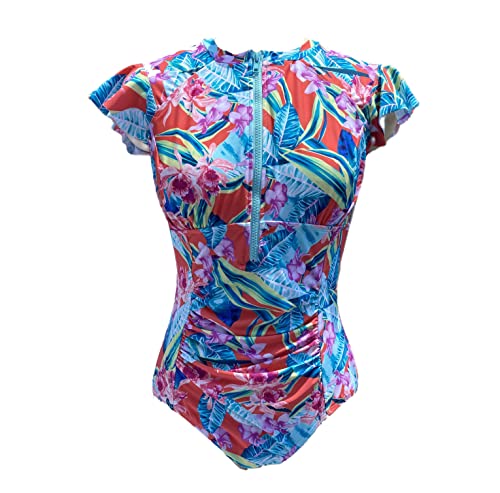 BIMEI One-Piece Mastectomy Swimsuit Zip Front Rash Guard Short Sleeve Pocketed for Women Sport Bathing Athletic Printed 2216 5