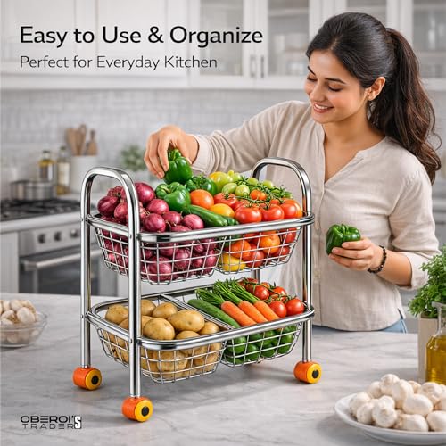 Image of OBEROI'S TRADERS Stainless Steel Vegetable & Fruit Storage Rack with Wheels, Kitchen Storage Basket Organizer, Rust Proof Stand for Onion, Potato, Fruits & Vegetables Trolley (2 Rack with 4 Partition)