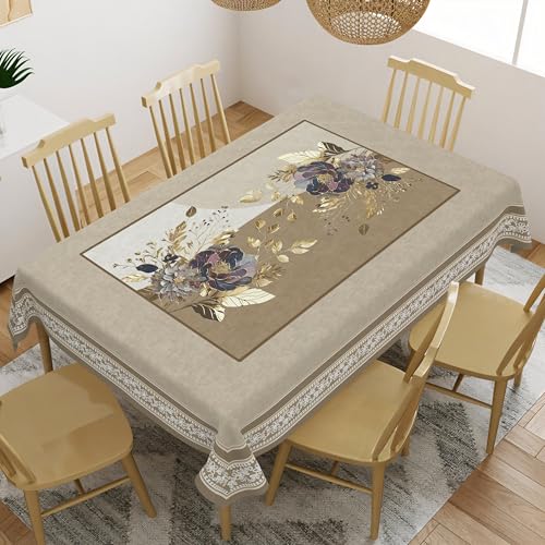 Image of Cloth Fusion Velvet Floral Dining Table Cover Cloth 6 Seater with Stunning Gold Foil Design for Home Decor (60x90 Inch, Taupe) Rectangular