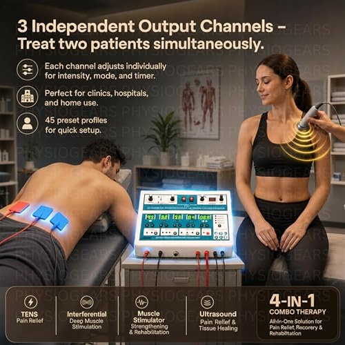Image of Physiogears Combo 4-in-1 Physiotherapy Equipment | Ultrasound + IFT 45 Programs + TENS + MS Muscle Stimulator | Digital Pain Relief Therapy Machine with Electrode Pads