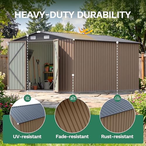 Image of JUMMICO 10x12 FT Outdoor Storage Shed, Heavy Duty Metal Shed with Lockable Door&Slooping Roof, Tool Shed for Garden Backyard Patio(Brown)