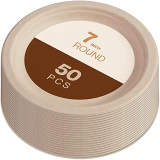 Gracz Disposable Plates - Round Compostable Paper Plates 7-inch - Made from Renewable Sugarcane Fiber - For Home, Catering, Schools, Healthcare Facilities - Pack of 50