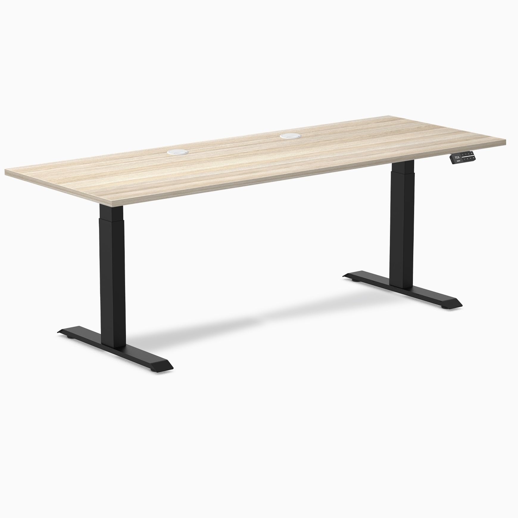 Desky Dual Laminate Sit Stand Desk Classic Oak 78.7" Grommets Matte Black