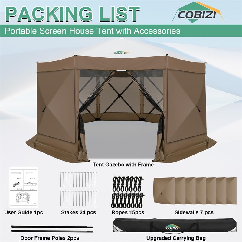 Image of COBIZI 15x15 FT Pop Up Gazebo - Canopy Tent, Large Gazebos On Clearance with Sidewalls, Screened in Gazebo,carpas para Patio,Portable Screen Tents for 12-15 Persons Outdoor Camping, Backyard, Brown