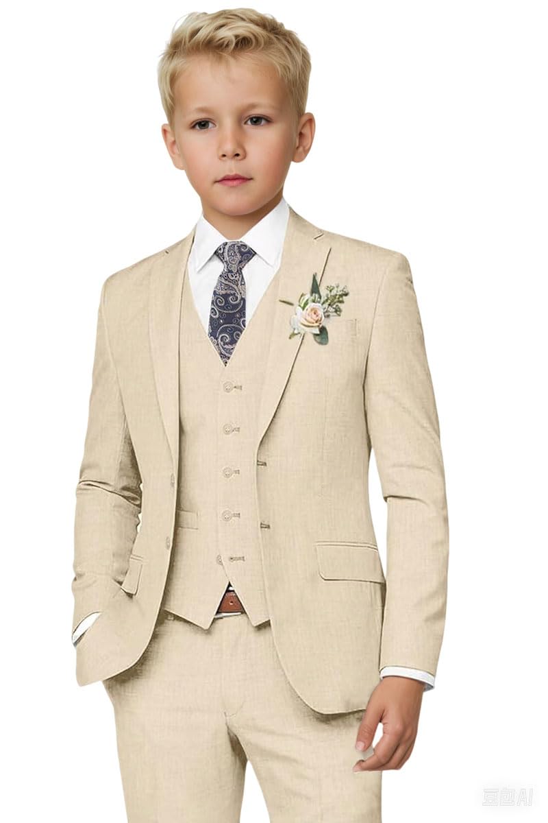 Botong Boys Linen Suit for Summer Wedding 3 PC Notch Lapel Kids Tuxedos Toddler Formal Wear Champagne 10T