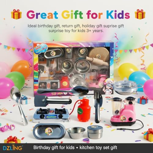Image of DZLING Kids Steel Kitchen Set Toys, Traditional Indian Cooking Playset with Utensils, Gas Stove, Blender, Chakla Belan Accessories, Role Play Pretend Cooking Toy for Boys & Girls (Medium Kitchen)