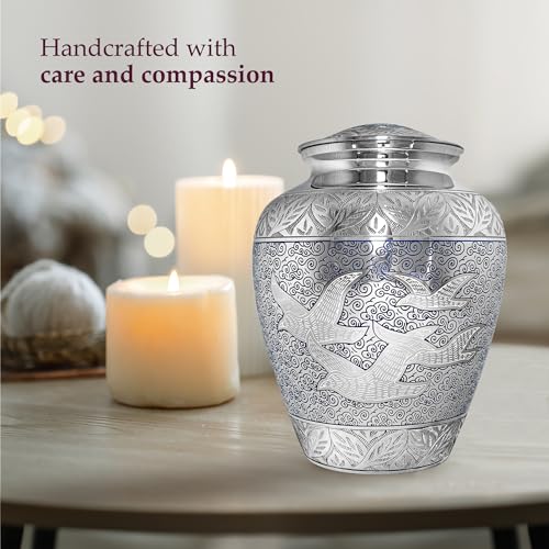 Image of Trupoint Memorials Extra Large Urn for Ashes Adult Male or Female Up to 330 lbs - Cremation Urns for Human Ashes, Funeral Memorial Urns for Men & Women - Silver Birds