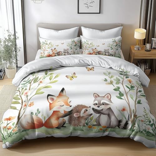 Parure de lit 240x220 réversible blanche imprimé animaux sylvestres