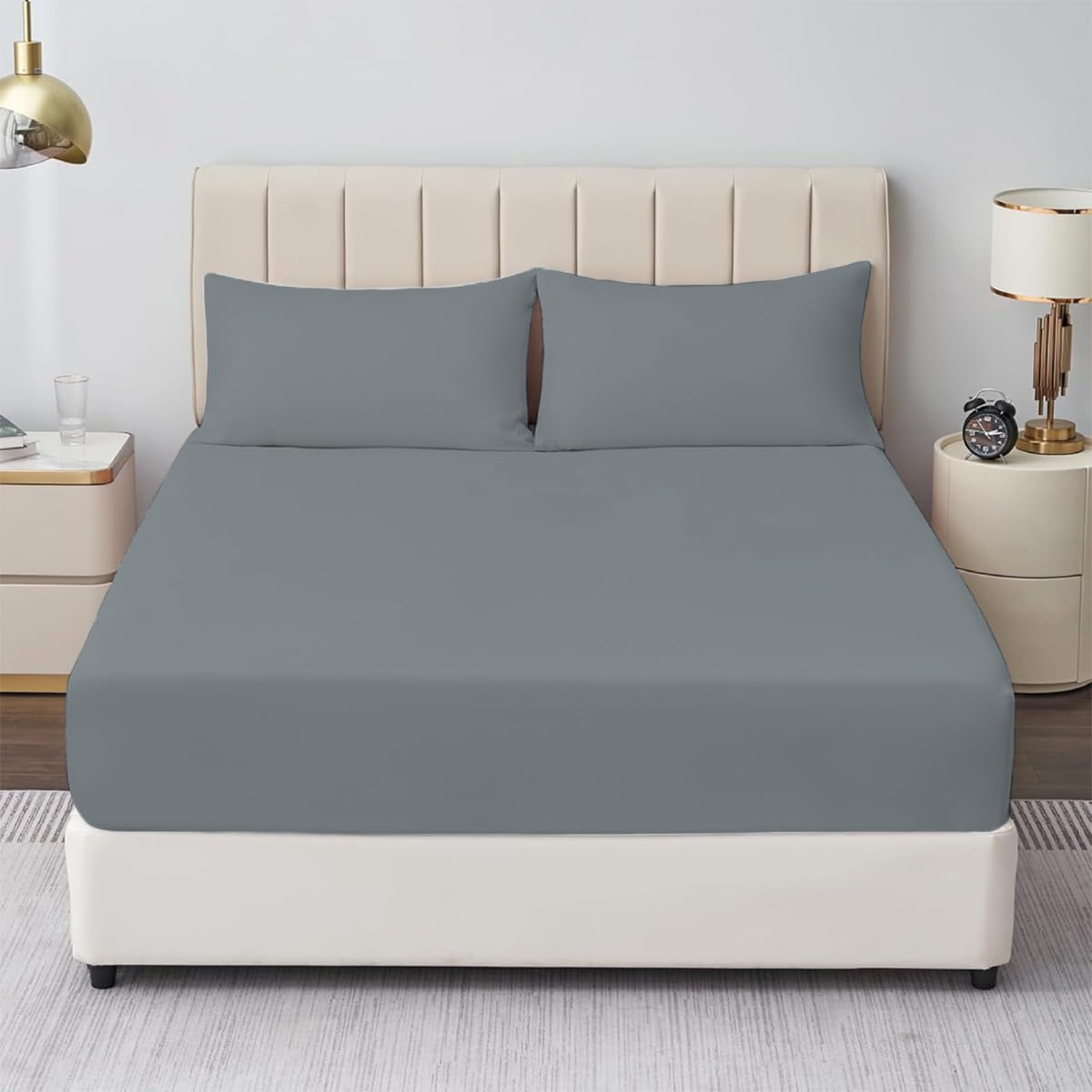 Rohi Grey Rohi® Double Fitted Sheet With Two Pillowcases – 25Cm Depth – Pure Polycotton Plain Bedding (Double Fitted Sheet & Pillowcases, )