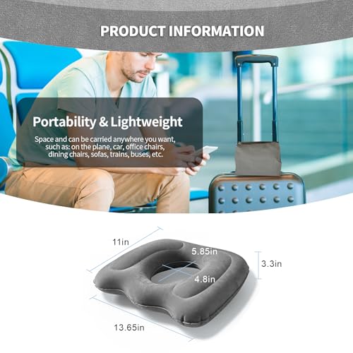 Inflatable Seat Cushion with Donut Ring Design - Portable & Adjustable Air Cushion for Office Chair, Car and Home, Extra Comfort for Back, Tailbone and Sitting, Grey