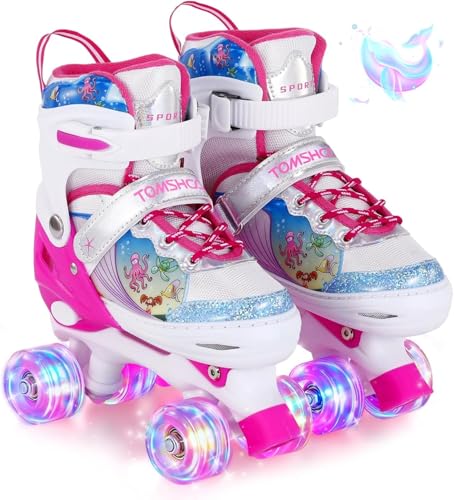 TOMSHOO Rollschuhe für Mädchen, Rollschuhe Mädchen 4 Größen Verstellbar, Kinder Rollschuhe mit 8 LED-Rädern, Bequem & Atmungsaktiv, Roller Skates mit Mehreren Schutzschichten, Geeignet für Anfänger