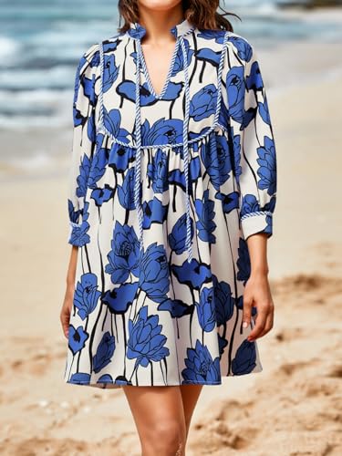 Image of Cicy Bell Womens Floral Mini Dresses 3 /4 Balloon Sleeve V Neck Flowy Babydoll Dress Summer Beach Vacation Boho Outfits