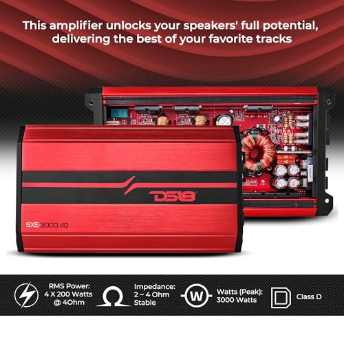 DS18 SXE-3000.4D/RD Car Amplifier Stereo Full-Range Class D 4-Channel 200x4 RMS @4 OHM 3000 Watts - Powerful and Compact Amp for Speakers in Car Audio System - image 3