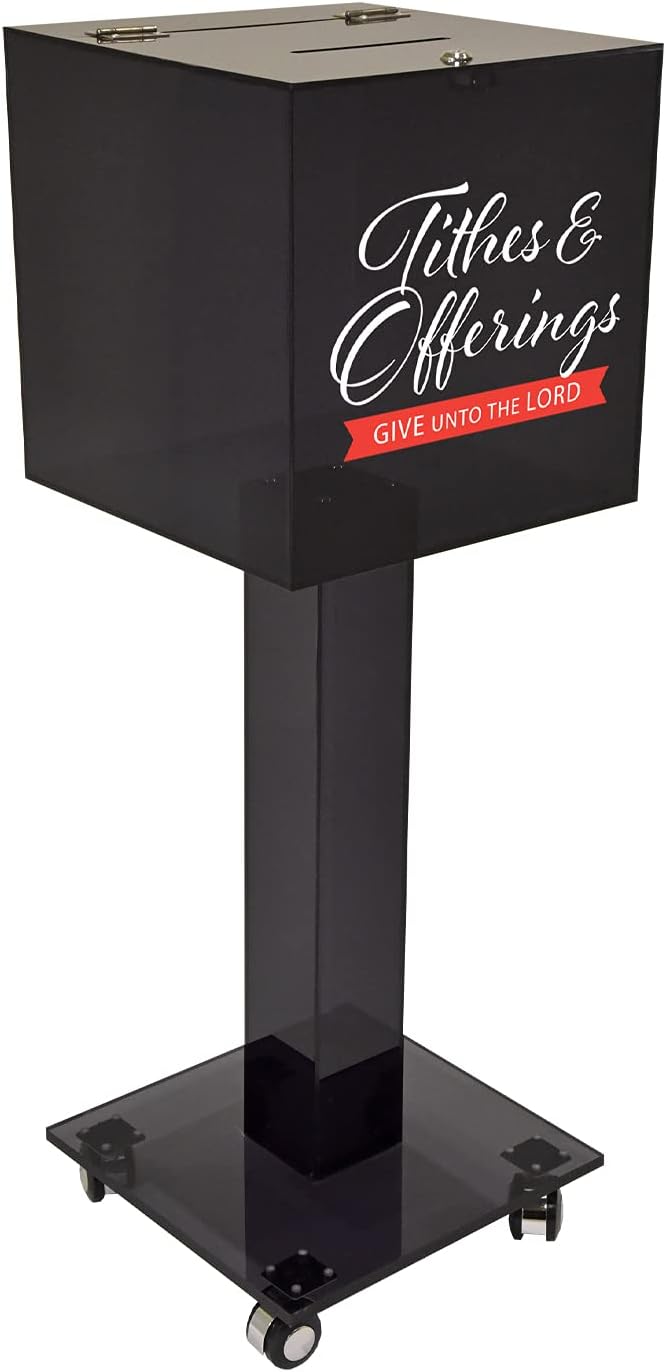 Kingdom Large Acrylic Collection or Donation Box with Casters for Easy Movement Plus a Lock and Keys so your Collections and Donations are kept Safely - Black/Smoky (Plain/Non-Personalized)