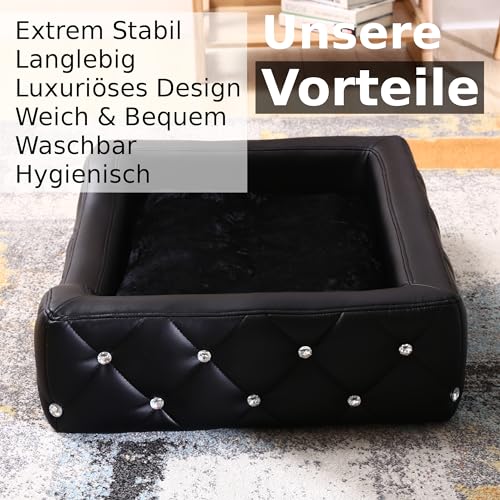 DaMi Luxus Hundebett I Premium Hundeschlafplatz mit großen Strasssteinen, Hundekissen Hundematratze Dogbed waschbar, Hundezubehör Hunde Dog Bett Matratze Körbchen, 18x58x46 cm Rechteckig Schwarz