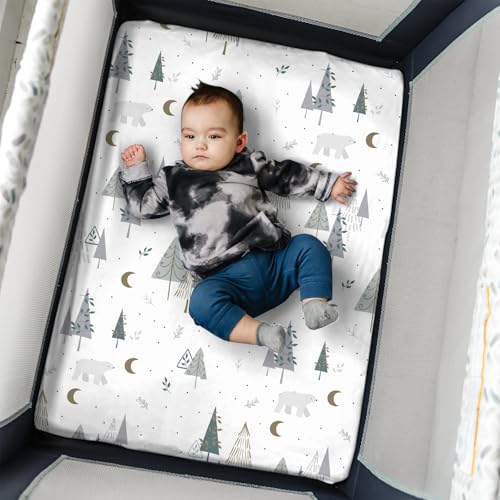Image of Pack n Play Sheets, BROLEX 2 Pack Mini Crib Sheets,Stretchy Portable Fitted Playard Sheet Set, Convertible Playard Mattress Cover,Ultra Soft Breathable Material,Snowy Forest