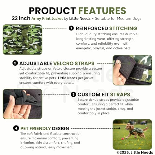 Image of Dog Jacket for Winter (Army Print, 22 Inch) | Camouflage Design, Waterproof & Windproof Polyester Coat with Fleece, Adjustable Velcro Closure, Warm Vest for Cold Weather