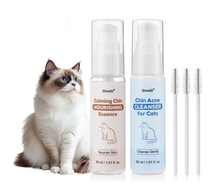 Oivolii Cat Chin Care Kit Feline Acne Treatment Set with Cleanser Nourishing Serum & Soft Brush Removes Blackheads Soothes & Repairs Skin Safe Gentle & Vet Recommended